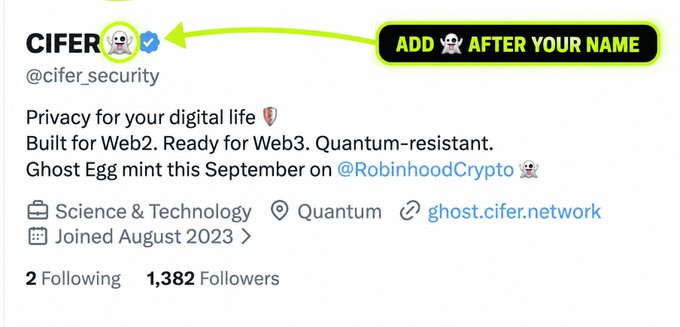 This image shows a Twitter/X profile for "CIFER ☠️" (@cifer_security), highlighting a verified badge with a callout instructing users to "ADD ☠️ AFTER YOUR NAME." The bio describes Cifer as "Privacy for your digital life 🛡️, Built for Web2. Ready for Web3. Quantum-resistant," announcing a "Ghost Egg mint this September on @RobinhoodCrypto" with 1,382 followers, which connects to the post about Cifer's Ghost NFT minting on September 28 and promoting the skull emoji as part of their branding.