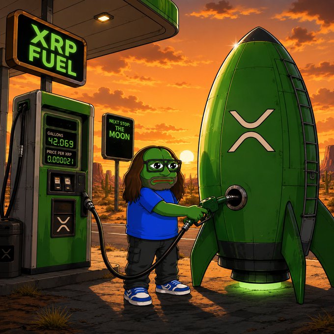 A meme-style illustration of a green Pepe-like character with glasses pumping fuel into a green rocket ship labeled with an XRP logo, next to a gas pump displaying 'XRP FUEL' and a sign reading 'NEXT STOP: THE MOON'.
