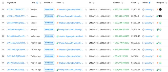 A blockchain transaction history shows multiple $Jimothy token transfers involving the wallet 2MsW1rv316FT3ZD54HkiAotVnLQm1knVoLS2q6NbrFcB, with purchases totaling over $86,500 in W1 and WSOI tokens via Meteora, Pump.fun AMM, and Jupiter Aggregator over the past 7 hours.