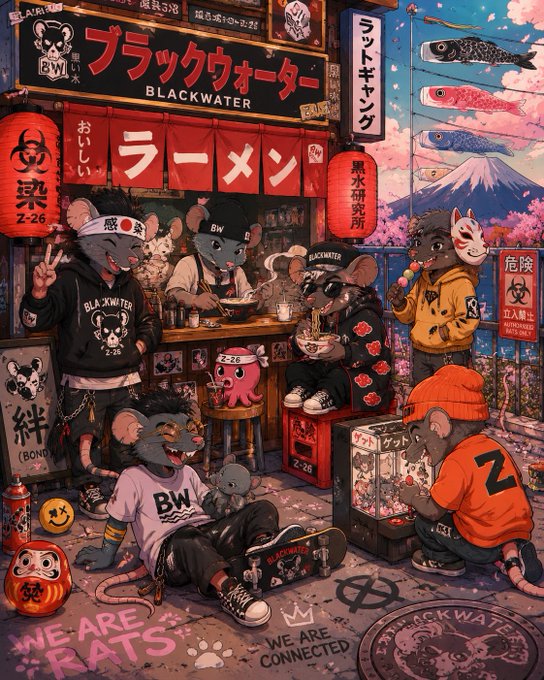 A vibrant, anime-style illustration depicts anthropomorphic rats at a Japanese ramen stand named "BLACKWATER," with text including "ラーメン," "WE ARE RATS," and "WE ARE CONNECTED," along with biohazard symbols and Z-26 markings.