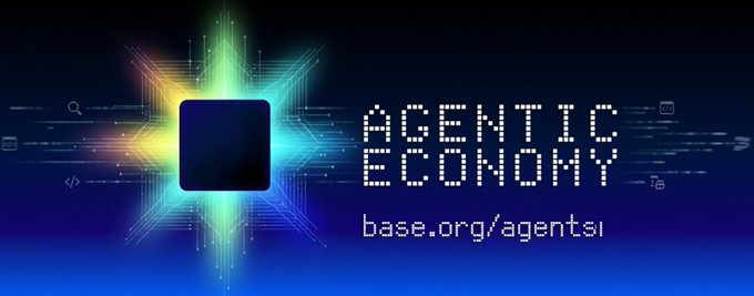 The image features a logo for the Agentic Economy, which is an online marketplace where agents buy and sell digital assets like data, computing power, and browser sessions. The logo includes a blue square with a green star at its center, surrounded by lines of code that create a vibrant and colorful design. The text "base.org/agents" is also present in the image, indicating the organization behind this platform.