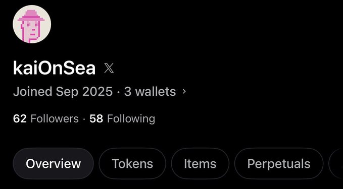 Profile page for 'kaiOnSea' on a platform, showing a pink avatar, 3 wallets, 62 followers, 58 following, and navigation tabs for Overview, Tokens, Items, and Perpetuals.