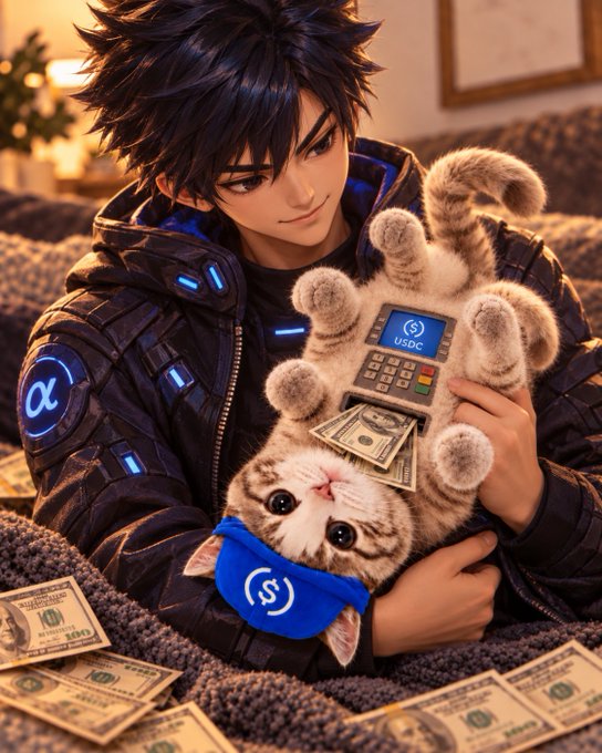 An anime-style illustration of a dark-haired male character holding a fluffy kitten while using a USDC payment terminal, with dollar bills scattered around him.