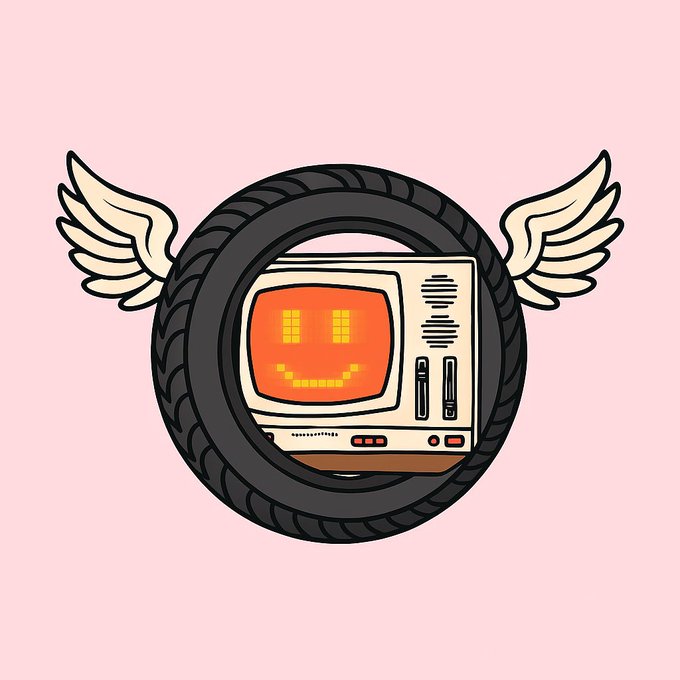 A cartoon-style illustration on a pink background depicting a retro television displaying an orange pixelated smiley face, framed by a black tire with white angel wings.