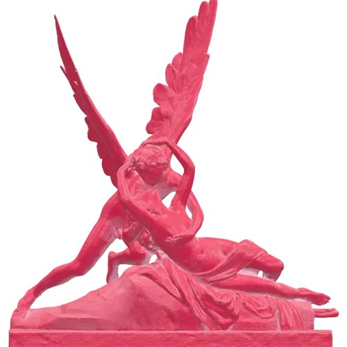 A 3D render or photograph of a vibrant red sculpture depicting a winged figure in a dramatic pose, leaning over another figure draped in cloth, reminiscent of classical mythological art.
