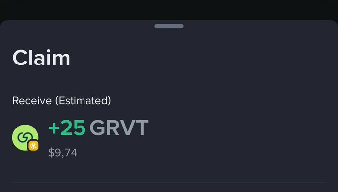 A "Claim" screen showing an estimated reward of +25 GRVT tokens valued at $9.74, related to completing Binance Wallet booster tasks like and retweet activities.