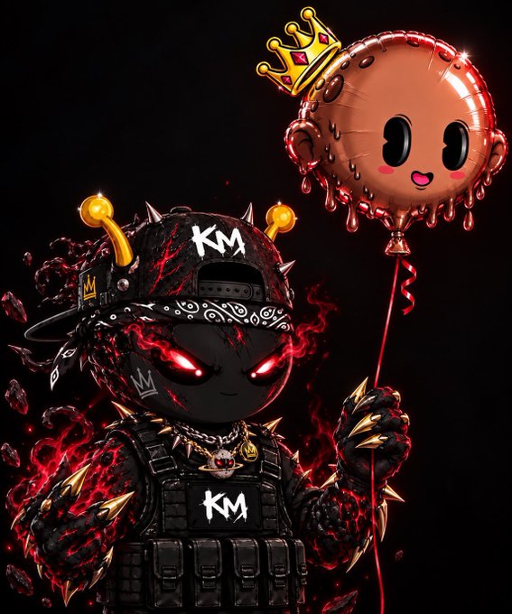 A stylized digital artwork of a chibi character in black tactical gear with 'KM' on the cap and vest, featuring glowing red eyes and spikes, holding a balloon of a dripping metallic baby face wearing a crown.