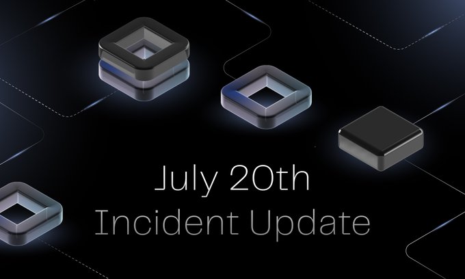 A dark-themed graphic featuring stylized 3D square tiles reads "July 20th Incident Update," serving as a visual header for Elastos' main-chain notice regarding the value-overflow exploit that paused the chain and halted ESC, EID, deposits, withdrawals, and cross-chain transfers.