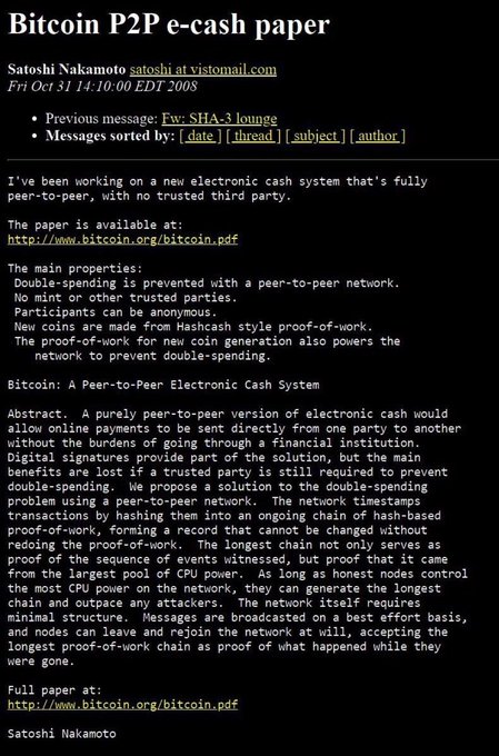 The image displays Satoshi Nakamoto's famous October 31, 2008 email titled "Bitcoin P2P e-cash paper" to the cryptography mailing list, announcing the creation of Bitcoin and linking to the original whitepaper at www.bitcoin.org/bitcoin.pdf. This historic email represents the public introduction of Bitcoin's peer-to-peer electronic cash system, with the post noting it as "The email that started the Bitcoin revolution."