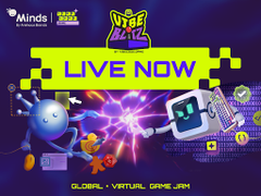 A promotional graphic for 'Minds' featuring 'Mixel Worldz' as a 'Live Now' global virtual game jam, with pixel art characters and a blue mascot with a red cap.