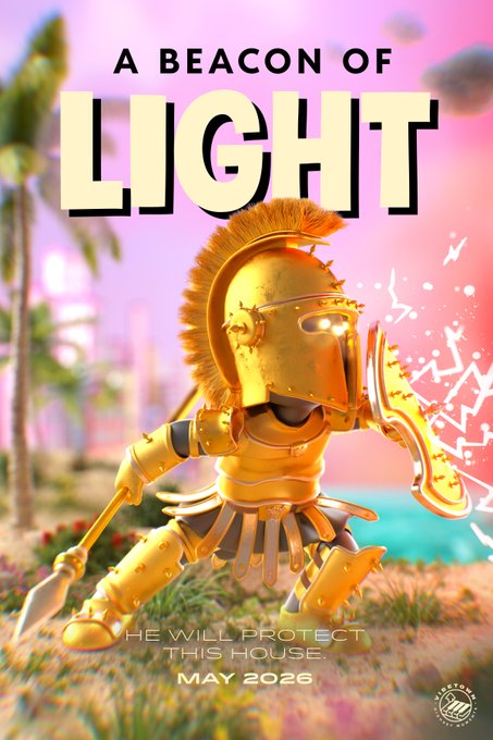 The image features a poster for "A Beacon Of Light", which appears to be an animated movie or TV show. The poster showcases a character, possibly a knight, holding a sword and shield while riding a horse. The background of the poster is filled with palm trees and a city skyline, creating a sense of adventure and excitement. The text on the poster includes the title "A Beacon Of Light" and the release date "May 2016".