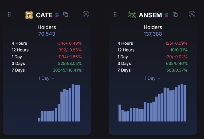 The image displays holder statistics for two meme coins, $CATE (70,543 holders) and $ANSEM (137,388 holders), showing recent changes across 4-hour to 7-day intervals along with bar charts depicting 1-day holder growth. The data visually supports the post's observation that despite $ANSEM having roughly double the holder count, $CATE appears to be gaining holders at a faster relative rate (118.41% over 7 days vs 0.37% for $ANSEM), hinting at potential for further repricing.
