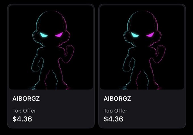 Two identical NFT listings for 'AIBORGZ' showing a neon-outlined robot character with glowing eyes, each marked as 'Top Offer' at $4.36.