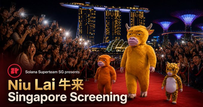 A promotional image for 'Niu Lai 牛来 Singapore Screening' presented by Solana Superteam SG, featuring three costumed characters (a cow, an ox, and a leopard) walking on a red carpet with Marina Bay Sands in the background.