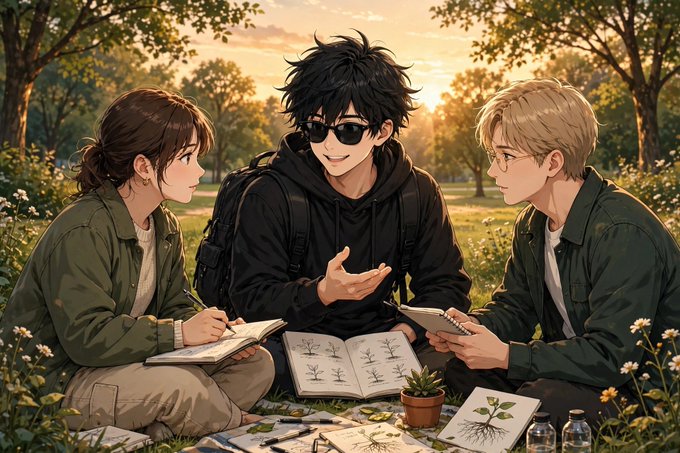 An anime-style illustration of three young people sitting in a field at sunset, sketching plants in notebooks with botanical books nearby.