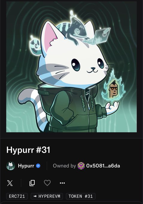 A digital NFT collectible titled 'Hypurr #31' showing a cartoon white cat in a hoodie holding a glowing pixel character, labeled ERC721 and HYPEREVM TOKEN #31, owned by 0x5081...a6da.
