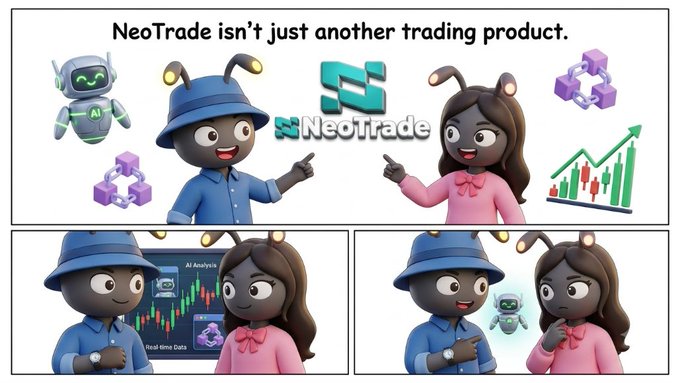A comic-style ad for 'NeoTrade' features cartoon ant characters promoting their AI-powered real-time data trading platform.