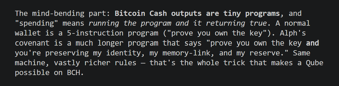 A black background with white text explaining Bitcoin Cash outputs as tiny programs that can be spent by running them, comparing a normal 5-instruction wallet program to Alph's longer covenant requiring proof of key ownership plus preservation of identity, memory-link, and reserve.