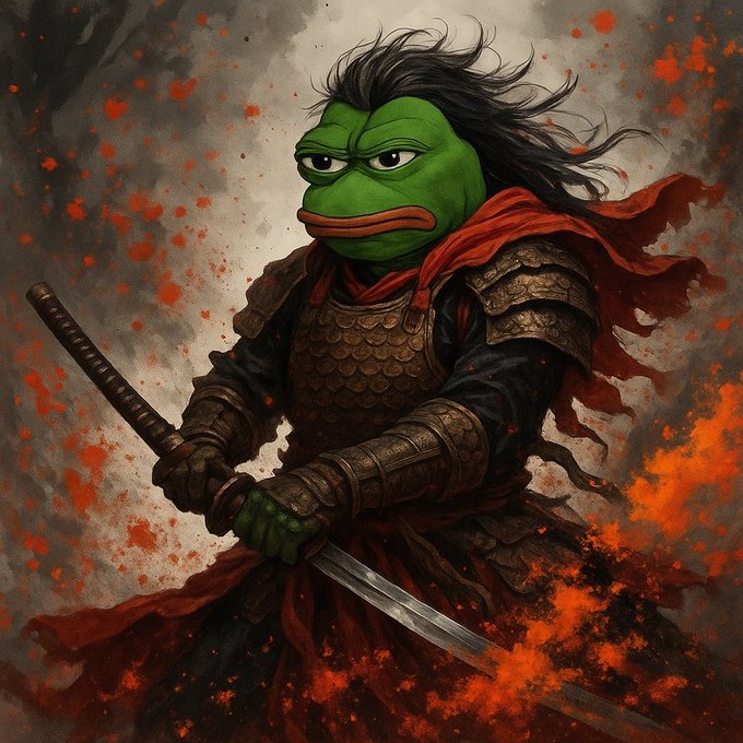 A dramatic painted illustration of Pepe the Frog depicted as a samurai warrior with flowing black hair, wearing armor and a red cape, holding a katana sword amid fiery orange splatters.