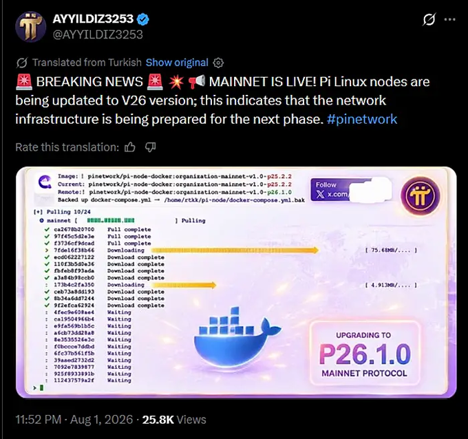 A Twitter post by @AYYILDIZ3253 announcing 'BREAKING NEWS: MAINNET IS LIVE! Pi Linux nodes are being updated to V26 version,' featuring a screenshot of a terminal window showing Docker images pulling and upgrading to P26.1.0 mainnet protocol.