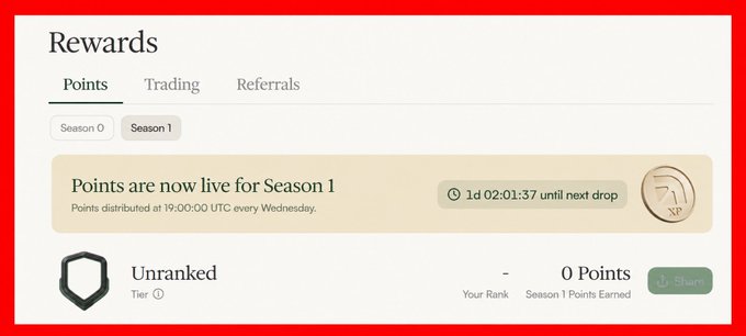 Rewards page for Season 1 of a points program, showing an Unranked Tier 1 status with 0 points earned and a countdown timer of 1 day until the next drop.