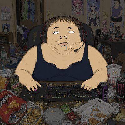 An overweight anime-style character wearing a tank top and gaming headset sits at a cluttered desk covered in chips, fast food, energy drinks (Monster, Mountain Dew), and trash while using a backlit RGB keyboard and mouse. Posters of anime girls decorate the walls behind him. The image represents "Stu the Neet," a stereotypical shut-in gamer lifestyle character, used to promote a collaboration giveaway with the DEXTER project for a free NFT mint.