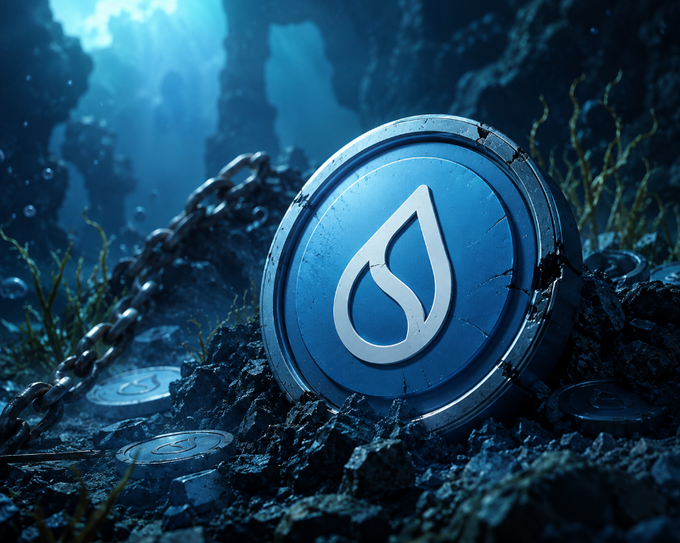 A large blue SUI cryptocurrency coin rests on dark rocky terrain underwater, wrapped in chains, with smaller SUI coins scattered around.