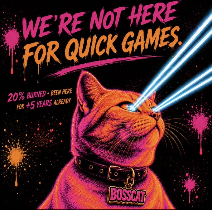 A vibrant, neon-colored graphic features a cat with laser beam eyes beneath the text "WE'RE NOT HERE FOR QUICK GAMES" and "20% BURNED • BEEN HERE FOR +5 YEARS ALREADY," with a "BOSSCAT" tag on its collar.