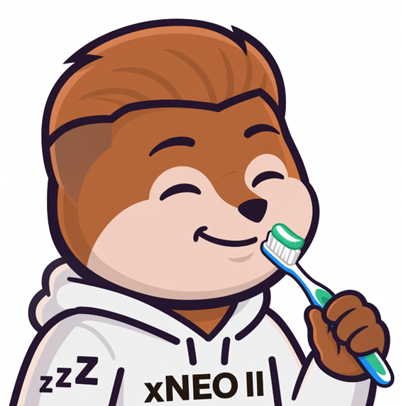 A cartoon character wearing a hoodie labeled "xNEO" is shown brushing teeth with a tired "zzZ" expression, humorously illustrating the late-night "GN Good Night" wish to fellow believers before sleep.