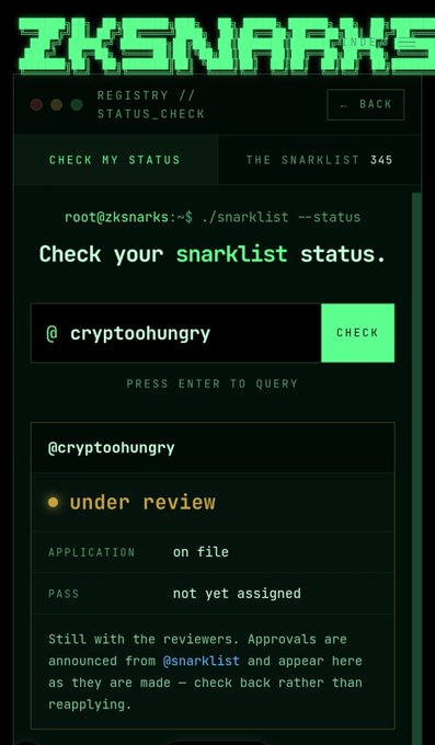 A mobile screenshot of the 'ZKSNARKS' status check page showing '@cryptoohungry' as 'under review', with its application 'on file' and pass 'not yet assigned'.