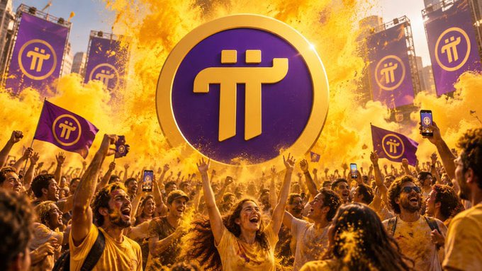 An AI-generated celebratory scene with a crowd cheering and raising their hands amid yellow powder (like Holi festival), with a large Pi Network (π) logo in the center and purple banners bearing the Pi symbol.