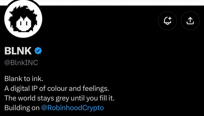 A Twitter/X profile page for BLNK (@BlnkINC), a verified digital IP account featuring a pixelated ink-drop avatar and the tagline "Blank to ink. A digital IP of colour and feelings." The bio notes they are "Building on @RobinhoodCrypto," which aligns with the post's mention of an upcoming NFT mint on the Robinhood platform.