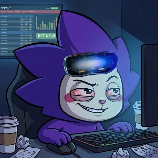 A cartoonish purple cat-like character with bloodshot eyes and a VR headset sits at a computer, intensely focused on a betting interface displaying "BETTING," "BET NOW," and various odds for "Riot," "Boomers," and "Kings" matches, surrounded by crumpled betting slips and coffee cups. The image humorously depicts someone who has been obsessively gambling on esports, with the accompanying post about "Monad cards Phase 4" seemingly unrelated to the betting theme shown.