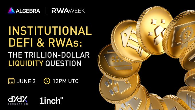 The image features a poster with gold coins arranged around a circle, which appears to be a representation of an institution's assets or liabilities. The text on the poster reads "Institutional DeFi & RWA: The Trillion-Dollar Liquidity Question". The poster also includes information about the event and the names of some people involved in it.