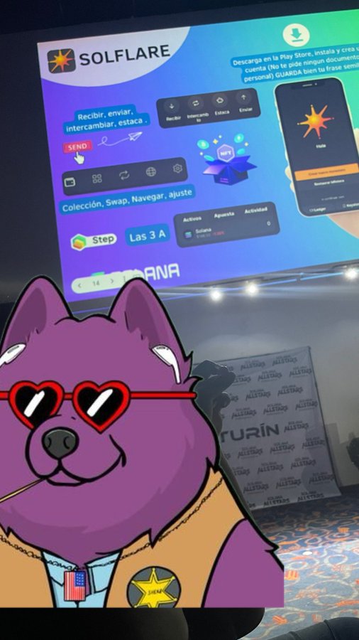 A photo of a presentation slide about the 'SOLFLARE' crypto app in Spanish ('Recibir, enviar, intercambiar, estaca'), with a cartoon purple dog wearing heart-shaped sunglasses overlaid on the image.