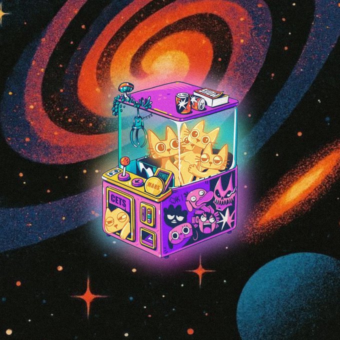 A cartoon claw machine floats in a swirling cosmic galaxy, filled with cat figures and labeled "CETS," with stickers reading "MARS" and "SOLO" on its exterior. The nostalgic arcade-style imagery captures the playful, speculative spirit of memecoins by blending whimsical space-age art with retro gaming nostalgia.
