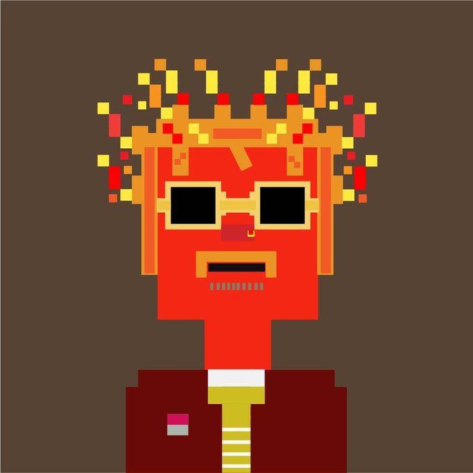 A pixel art portrait depicts a red-skinned figure wearing a fiery crown, large black sunglasses, and a maroon jacket with a transgender pride flag pin.