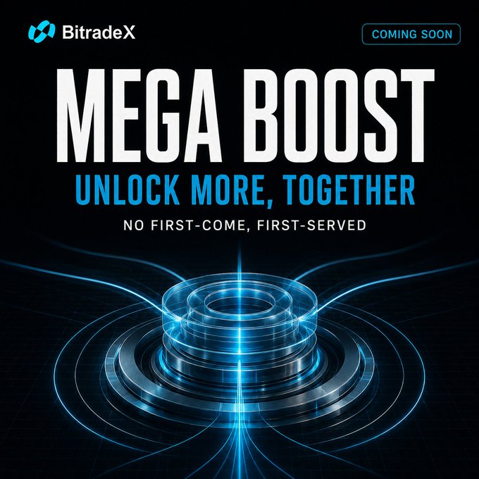 A promotional graphic for BitradeX's "Mega Boost" event displays the text "UNLOCK MORE, TOGETHER" and "NO FIRST-COME, FIRST-SERVED" alongside a glowing blue 3D cylindrical structure, announcing the upcoming equitable subscription system for AiBot participation.