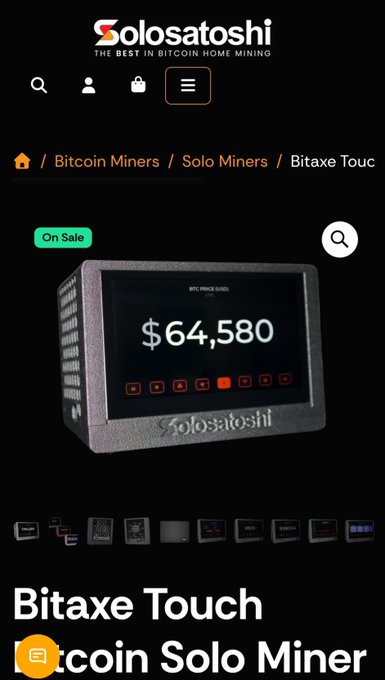 A mobile website screenshot for 'SoloSatoshi' displaying a 'Bitaxe Touch' Bitcoin Solo Miner with a Bitcoin price of $64,580 on its screen.