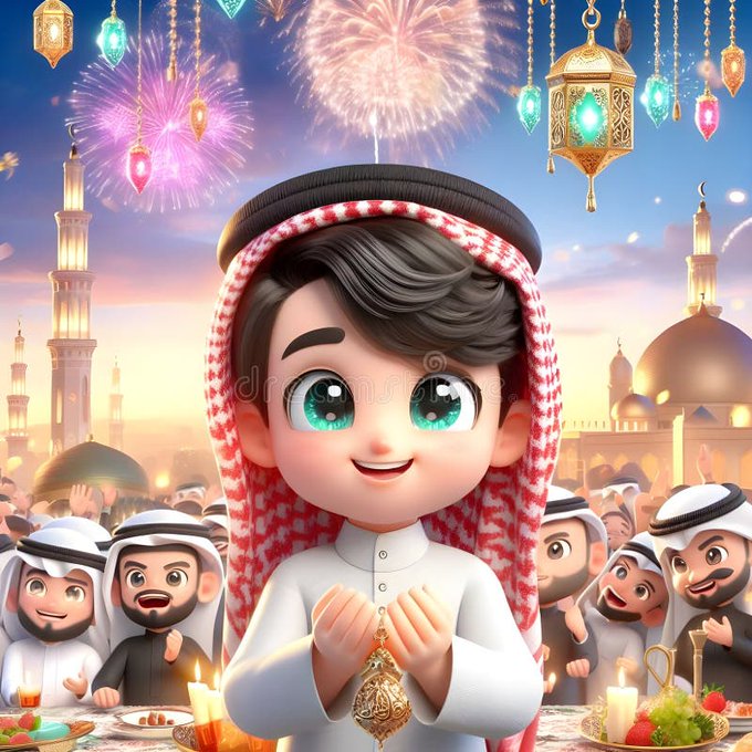 The image features a cartoon boy wearing a red and white headscarf with a gold medallion around his neck, standing at a dining table surrounded by other people dressed similarly. The scene appears to be set during a festive event or gathering where everyone is enjoying food and drinks together. The focus on the boy in the center of the image suggests that he might be the main subject or central figure of this social event.