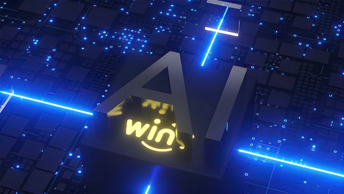 A 3D rendered AI logo with a smiling 'win' face displayed on a digital circuit board background with blue neon lights.