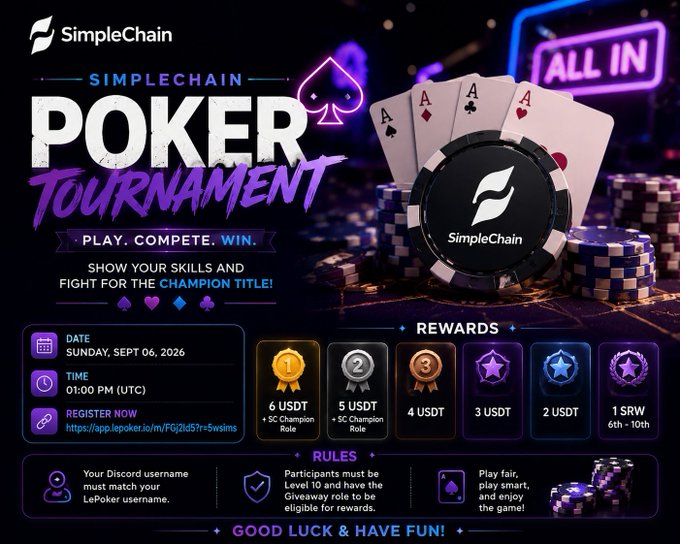 A promotional poster for a SimpleChain Poker Tournament on Sunday, September 6, 2026, at 01:00 PM UTC, offering USDT and SRW rewards.