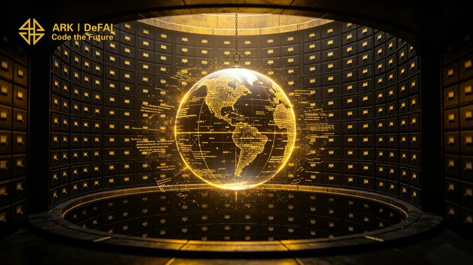 A glowing golden digital globe hovers within a circular chamber lined with file drawers and floating code, symbolizing organized data and global connectivity. The "ARK | DeFAI" logo and "Code the Future" tagline appear in the upper left, visually reinforcing the post's message about Arkie AI App transforming Web3 data into accessible, actionable insights for users.