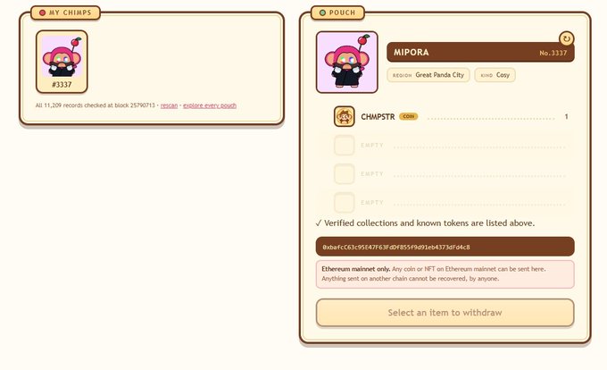 A user interface displaying 'MY CHIMPS' and 'POUCH' panels for a digital character named 'MIPORA' (#3137), listing a 'CHIMPSTR' coin and three empty slots, with a warning about Ethereum mainnet.