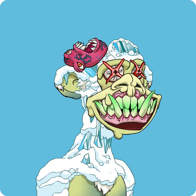 A cartoonish, icy-green zombie-like ape character with sharp jagged teeth, bulging red-starred eyes, and frost covering its head and shoulders stands against a blue background, holding a smaller pink mutant ape companion on its shoulder. The grotesque creature appears to be from the Bored Ape Yacht Club NFT collection, fitting the post's excitement about returning to tag @WelcomeApes and @BoredApeYC after a two-year hiatus from the club.