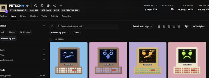 A screenshot of the PRTSCN NFT marketplace interface displays "Owned by you" items from the "PRTSCN" collection with a floor price of 0.009 ETH, showing pixel art computer-themed NFTs including one labeled "PARTY," reflecting the user's acknowledgment of support from @cruelhandeth.
