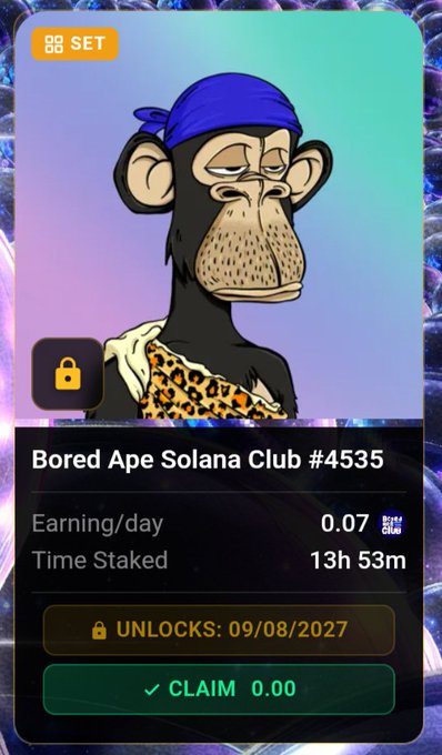 A mobile app interface displaying a locked 'Bored Ape Solana Club #4535' NFT with a bored cartoon chimpanzee wearing a blue bandana and leopard print shirt, showing earning/day of 0.07 BSSC and a claim button.
