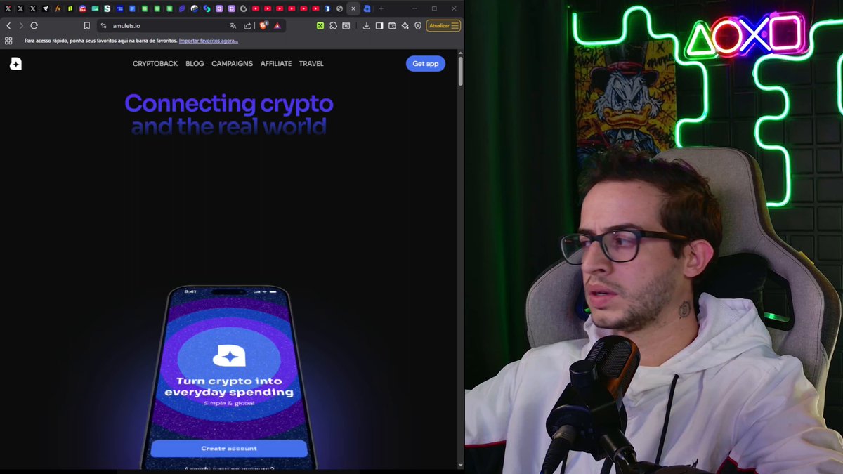 The image displays two computer screens side by side, one showing an interface of a cell phone with an app for cryptocurrency connection, and another screen showing a man wearing glasses who appears to be participating in something related to that app. The text on both screens indicates that users are receiving cashback from their account using the Bitcoin or Ether virtual currency exchange platform. It is possible that the man is either testing out the app, participating in an online gaming event, or simply checking his account balance.
