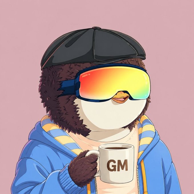 An illustration of a chubby penguin wearing a black cap, rainbow ski goggles, and a blue hoodie with striped scarf, holding a white mug labeled 'GM'.