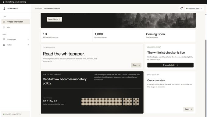 A screenshot of a cryptocurrency project page titled 'Standard', showing sections for 'Protocol Information', 'Read the whitepaper', '1B $Standard roadmap', '1,000 Founding members', and 'Check eligibility'.